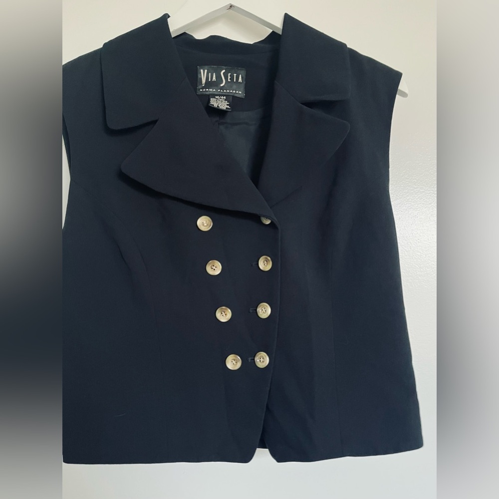 Via Seta Norma Flanagan Black Double-Breasted Vest 100% Silk Size 14/44 Classic